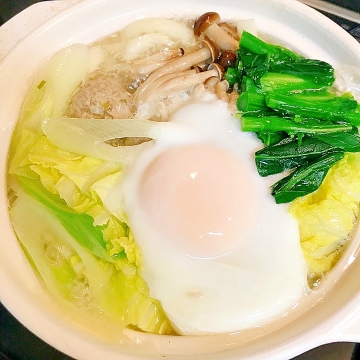 うちで作った豚肉だんご使って☆お手軽鍋焼きうどん